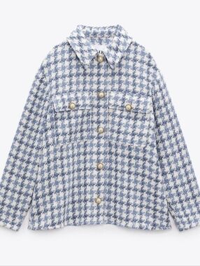 Zara Light Blue and White Houndstooth Tweed Jacket with Pearl Buttons